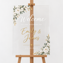 Personalised acrylic wedding welcome sign for Emily & James on an easel