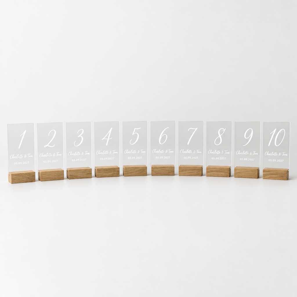 Personalised Acrylic Wedding Table Numbers – Set of 10 – Names & Date – Set of 10 personalised acrylic wedding table numbers with Charlotte & Tom