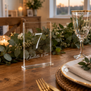 Personalised acrylic wedding table number beside a place setting