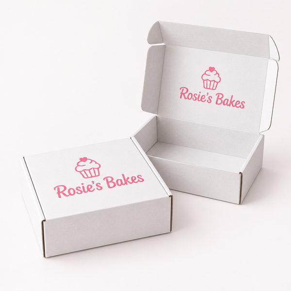 Custom printed mailer boxes with the Rosie's Bakes logo