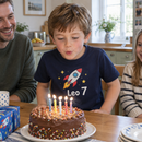 Boy wearing a personalised kids t-shirt with his name and age at his birthday tea