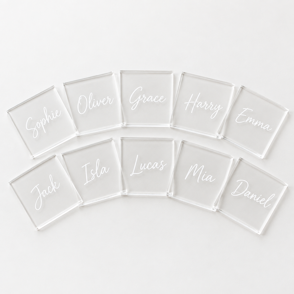Personalised acrylic place names printed with guest names Sophie and Oliver