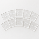 Personalised acrylic place names printed with guest names Sophie and Oliver