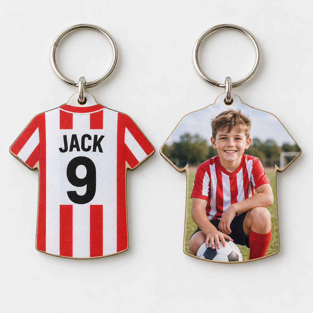 Personalised Double-Sided Wooden Keyring – Photo Front, Photo or Text Back – Personalised Double-Sided Wooden Keyring – personalised double-sided keyring in a T-shirt shape made of thin MDF board with