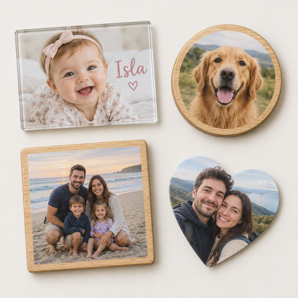 Personalised Photo Fridge Magnet – Glass, Wooden or Flexible Heart with Name – Personalised Photo Fridge Magnet – personalised photo fridge magnets arranged together: a glass rectangle magnet with a