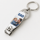 Personalised bottle opener keyring: a personalised 3-in-1 silver metal keyring that is a folding nail clipper with a bottle opener end and a split key ring
