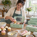 Home baker packing printed cupcake boxes with window