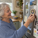 Personalised photo fridge magnet: an elderly woman smiling as she places a personalised round wooden photo magnet with her grandson's photo and the name 'Oscar' onto her fridge in a cosy UK kitchen