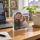 Personalised acrylic photo block on an office desk