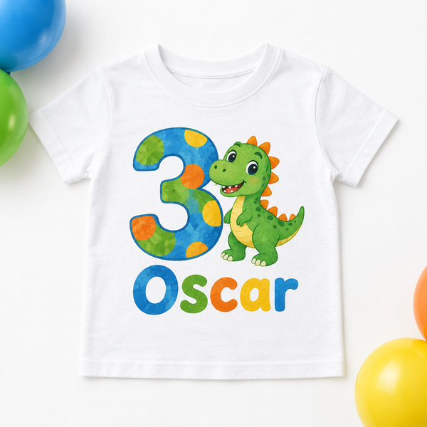 Personalised kids birthday age t-shirt printed with a dinosaur, the number 3 and the name Oscar