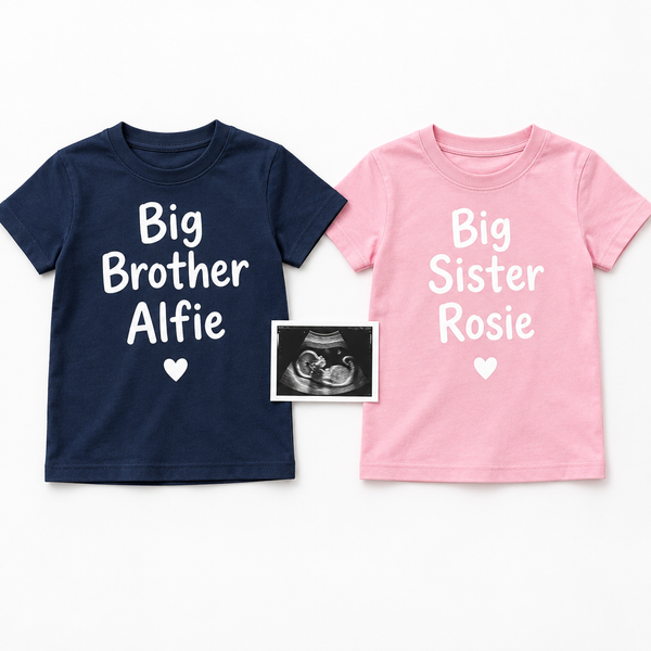 Personalised big brother and big sister t-shirts printed with names Alfie and Rosie