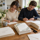 Couple addressing personalised wedding invitations at a kitchen table