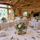 Personalised acrylic wedding table numbers across a barn reception