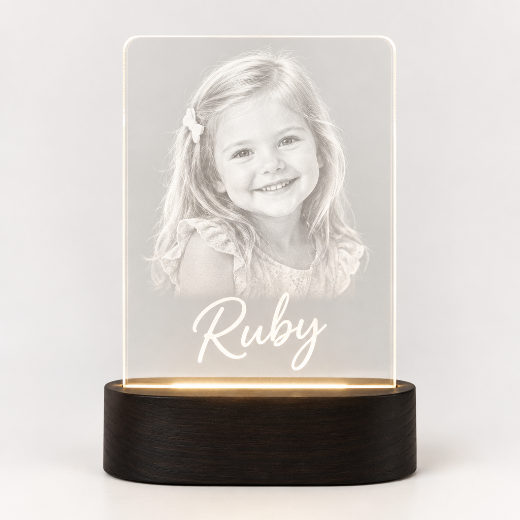 Personalised LED Acrylic Night Light – Photo & Name – Warm White or Colour-Changing USB Base – Personalised LED acrylic night light glowing with a photo and the name Ruby