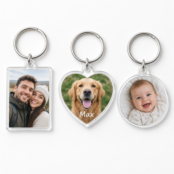 Personalised acrylic photo keyrings in rectangle, heart and circle shapes