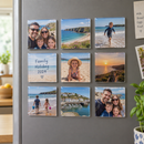 Set of nine personalised acrylic photo fridge magnets on a fridge