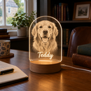Personalised LED acrylic night light with a dog photo on a desk