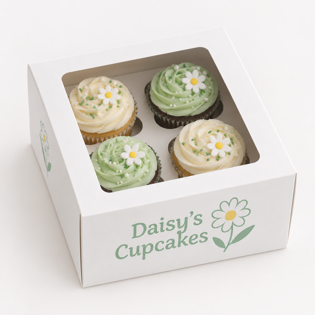 Personalised Printed Cupcake Boxes with Window – Name, Logo or Party Design – Packs of 10 – Printed cupcake boxes with window holding four cupcakes