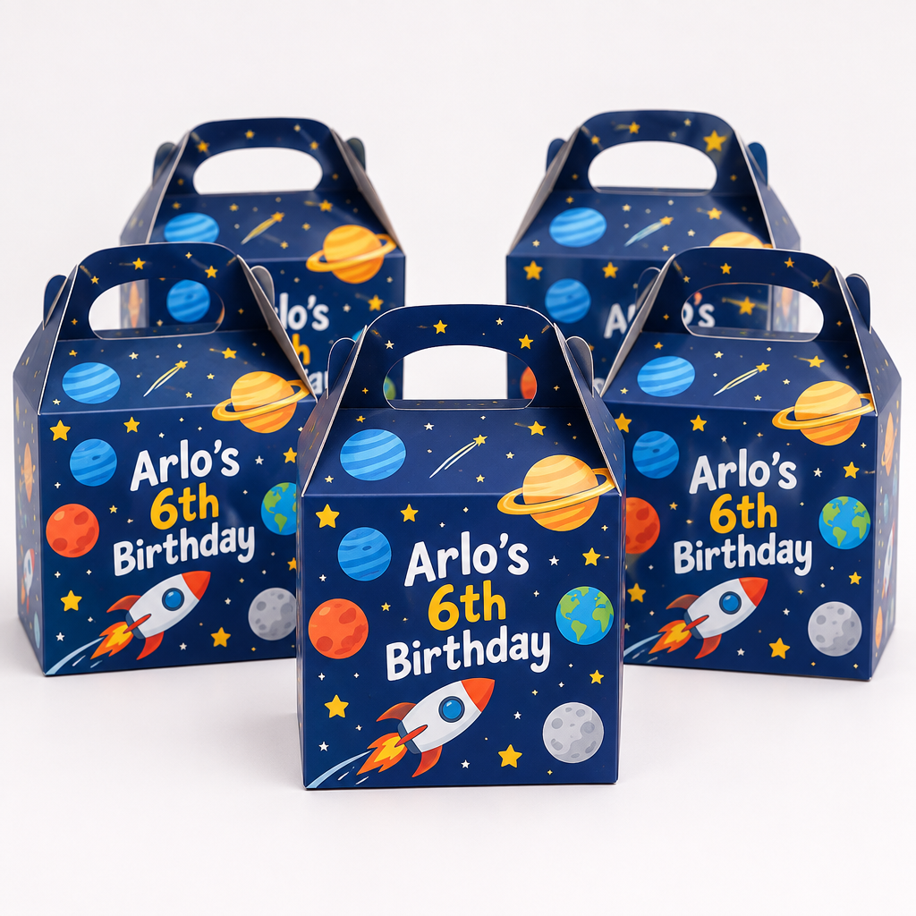 Personalised Party Favour Boxes – Kids Birthday Party Boxes with Name, Age & Theme – 10 or 25 – Personalised party favour boxes for Arlo's 6th Birthday