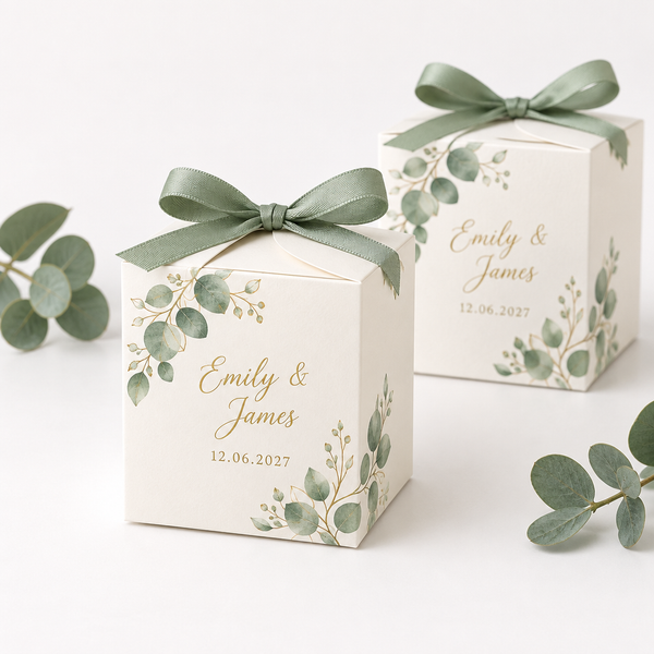 Personalised wedding favour boxes printed Emily & James with the date