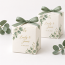 Personalised wedding favour boxes printed Emily & James with the date