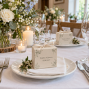 Personalised wedding favour boxes on a wedding reception table