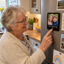 Personalised musical photo magnet: a grandmother in a cosy UK kitchen pressing the button on a personalised black musical photo magnet on her fridge that shows her grandchildren and the text 'Love from Ruby & Alfie'