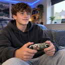 Teenager gaming with a custom games controller skin printed with his dog photo