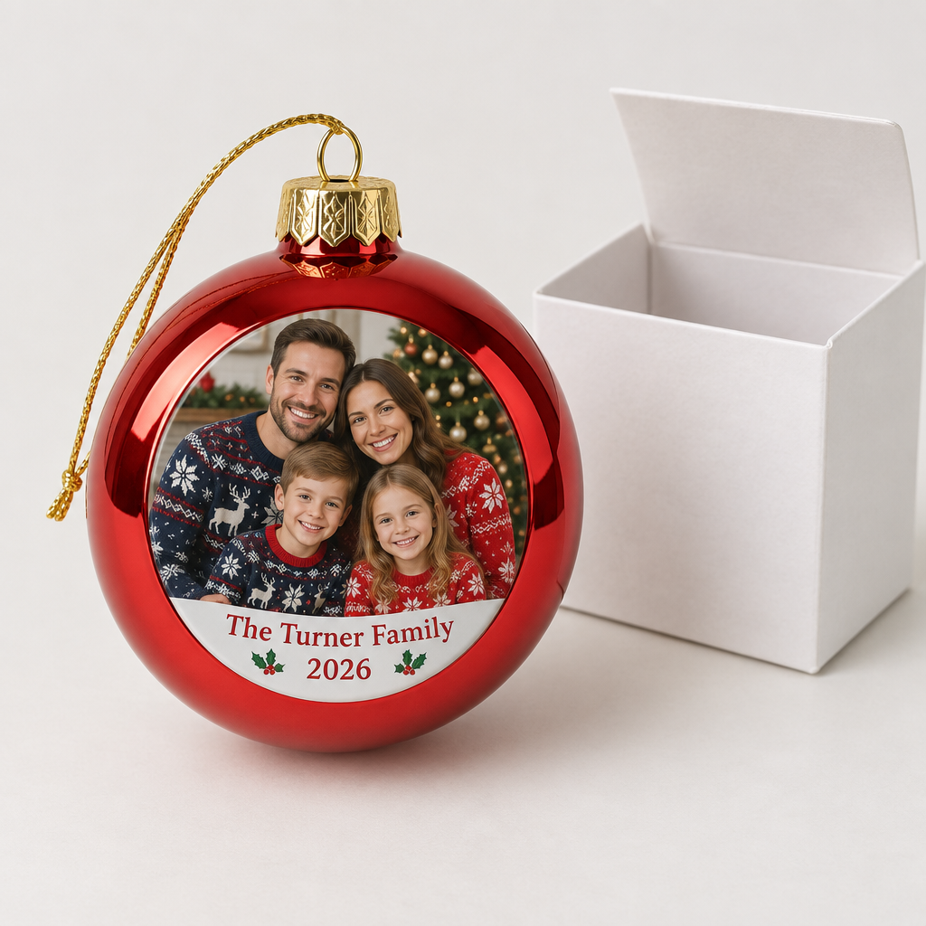 Personalised Photo Bauble – Mirror Finish Christmas Bauble with Name & Year – Personalised Photo Bauble – personalised photo bauble: a personalised shiny red mirror-finish Christmas bauble with a round