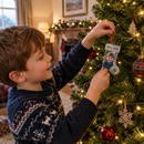 Personalised metal Christmas decoration: a child hanging a personalised stocking-shaped metal photo ornament with the text 'Harry 2026' onto a family Christmas tree