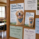 Printed flyers and leaflets on a community noticeboard