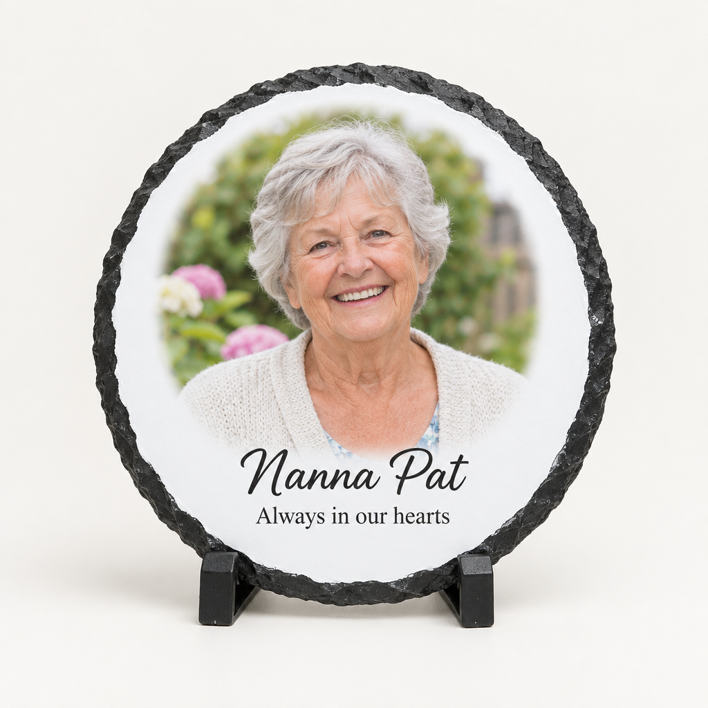 Personalised Round Photo Slate with Stand – 15cm Keepsake with Name & Message – Personalised Round Photo Slate with Stand – personalised round photo slate printed with a photo of a smiling grandmother
