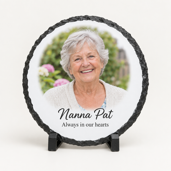 Personalised Round Photo Slate with Stand – personalised round photo slate printed with a photo of a smiling grandmother