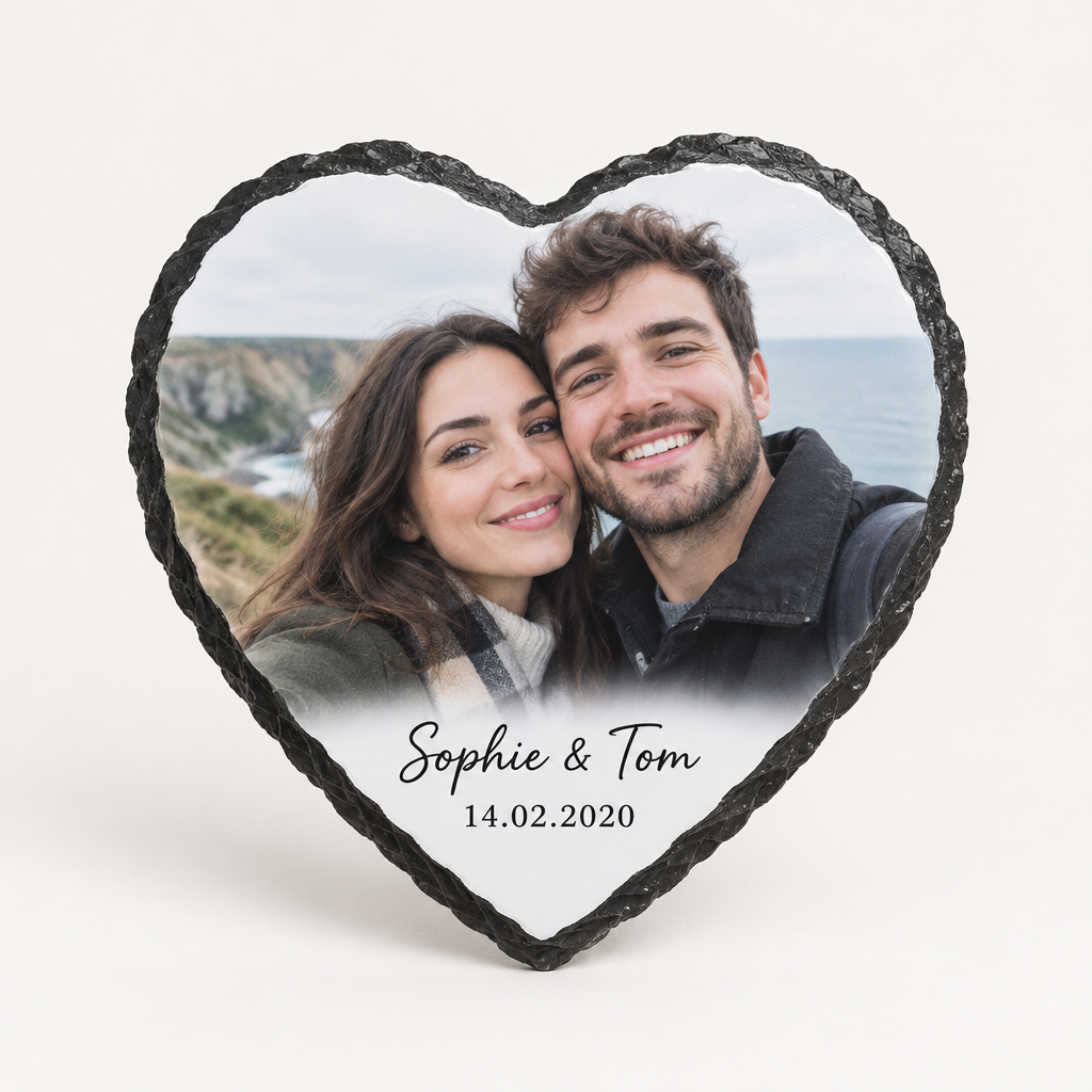 Personalised Heart Photo Slate – Anniversary & Wedding Gift with Names & Date – Personalised Heart Photo Slate – personalised heart photo slate printed with a romantic couple selfie and the text Sophie &