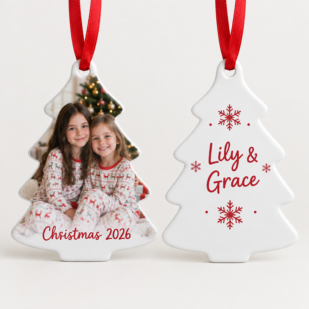 Personalised Metal Christmas Tree Decoration – Double-Sided Photo, Name & Year – Personalised Metal Christmas Tree Decoration – personalised metal Christmas decoration: a personalised glossy white