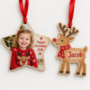 Personalised wooden Christmas decoration: star-shaped wooden ornament with red ribbon, printed with a toddler's photo and 'Poppy's Christmas 2026'