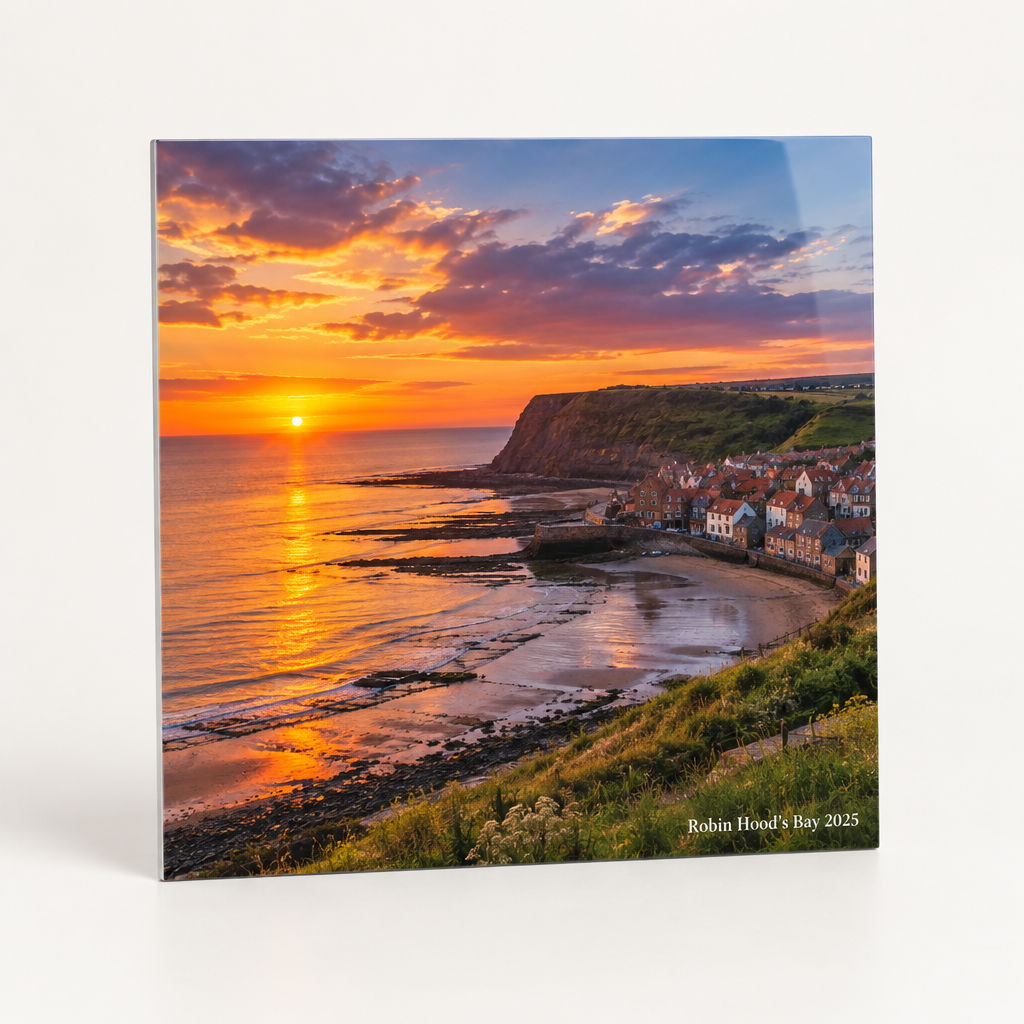 Personalised Metal Photo Print – Gloss White Aluminium Panel with Photo & Caption – Personalised Metal Photo Print – personalised metal photo print printed with a dramatic sunset photo over a Yorkshire