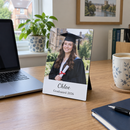 Personalised desk photo panel, standing on a tidy office desk next to a laptop and a coffee cup