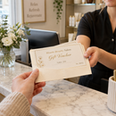 Numbered gift vouchers handed over at a salon counter