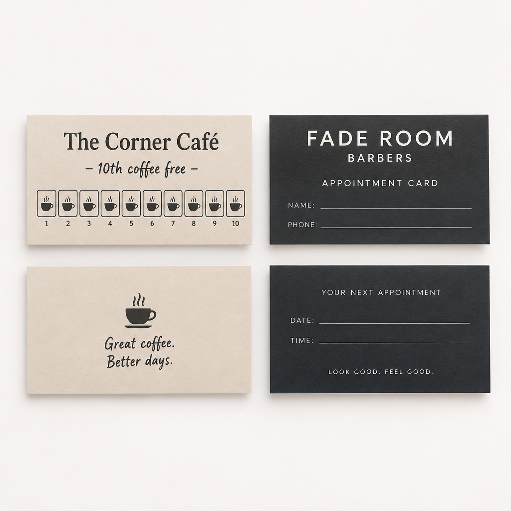 Appointment & Loyalty Cards – Custom Printed from Your Artwork – 100 or 250 – Appointment & Loyalty Cards – loyalty cards on a white background, showing an example personalised design