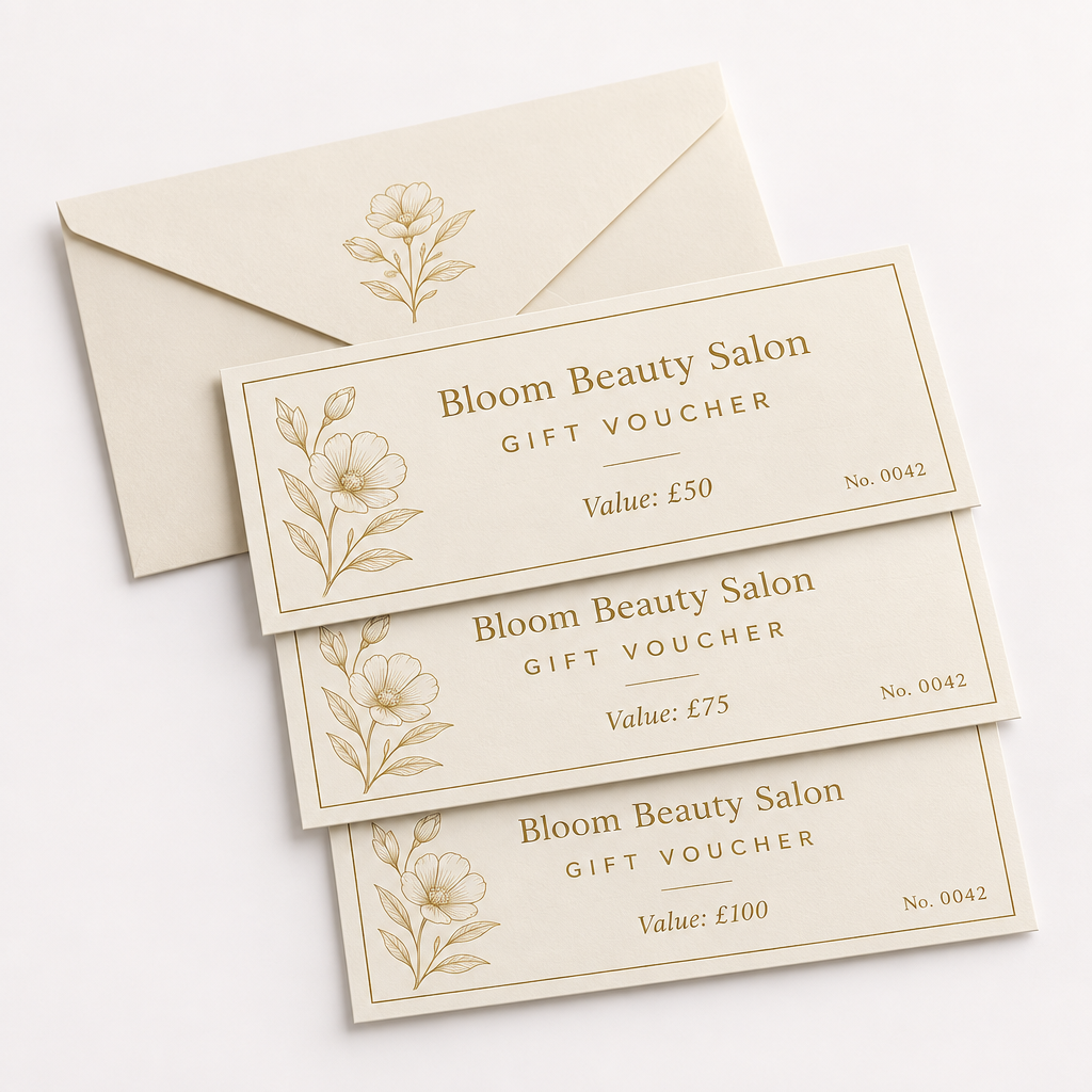 Numbered Gift Vouchers for Businesses – Custom Printed with Your Artwork – Packs of 50 or 100 – Numbered gift vouchers on a white background, showing an example personalised design