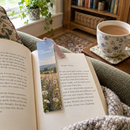 Personalised acrylic photo bookmark in an open book with tea