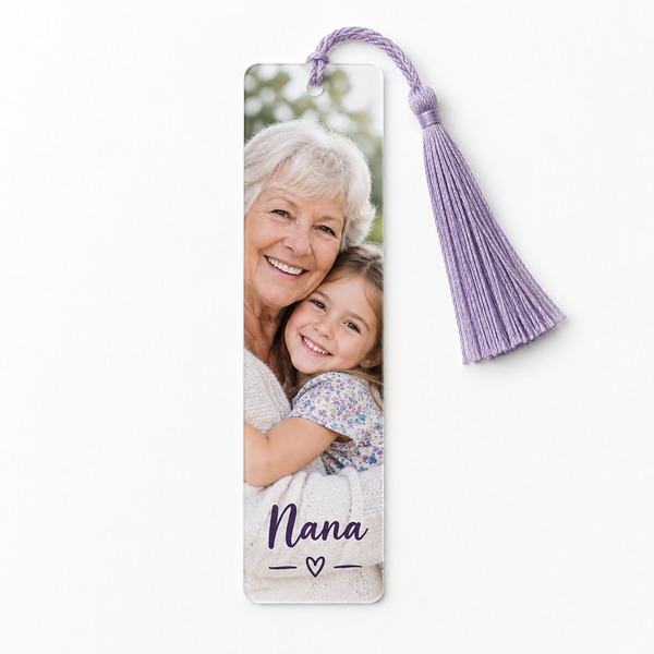 Personalised acrylic photo bookmark printed with a photo and the name Nana