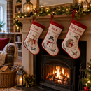 Three personalised Christmas stockings with red borders printed with 'Evie', 'Jack' and 'Baby Rose' hanging above a lit fireplace