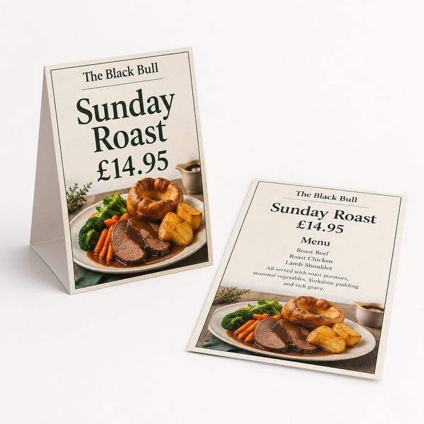 Table Talkers & Menus – table talkers on a white background, showing an example personalised design