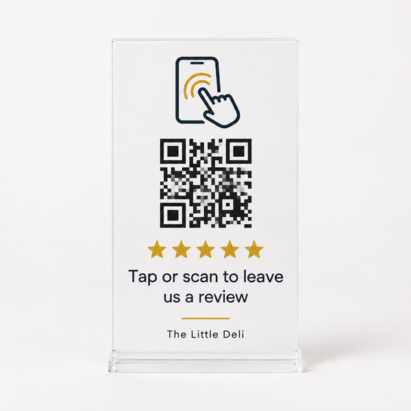 Tap and scan review stand on a white background, showing an example personalised design