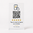 Tap and scan review stand on a white background, showing an example personalised design