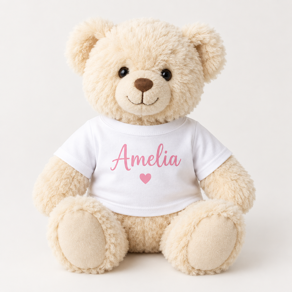 Personalised Teddy Bear with Printed T-Shirt – Name, Message or Photo – Personalised Teddy Bear with Printed T-Shirt – personalised teddy bear: a soft cream plush teddy bear sitting upright