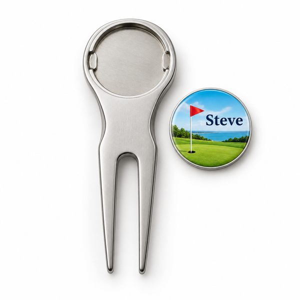Personalised golf ball marker and divot tool printed with the name Steve