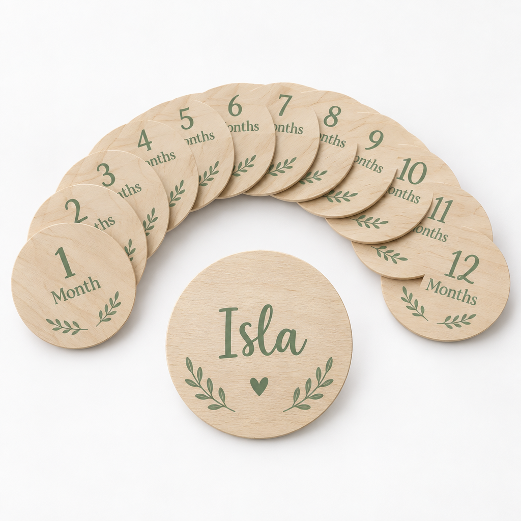 Baby Milestone Wooden Discs – Set of 12 Personalised Monthly Photo Props with Baby's Name – Baby milestone wooden discs set of 12 personalised with the name Isla